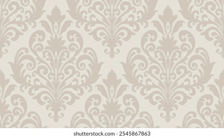 Light beige damask floral pattern with intricate swirls on a pale background for sophisticated decor. Damask seamless pattern.