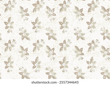 Light Beige and half white seamless pattern of autumn, modern slub textured fall maple leaves, hand made ink print, stamp, Hand printed grunge