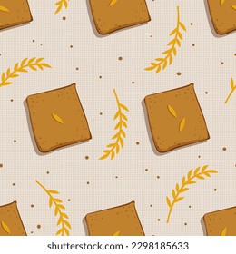 Light beige linen texture with slices of rye bread, grains and branches of wheat. Seamless rustic pattern. Vector illustration.