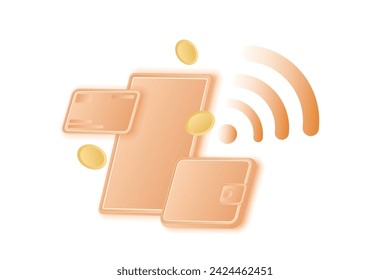 Hellbeige Handy, Geldbörse, Bankkarte, schwimmende Münzen. Digitale Zahlungsmethoden, drahtlose Zahlungsmethoden. In: NFC technology, transactions. Isolierter weißer Hintergrund
