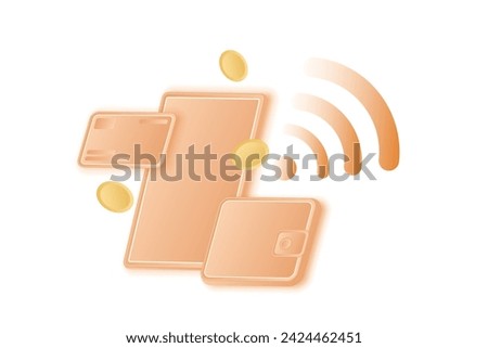 Light beige mobile, wallet, banking card, floating coins. Digital payment methods, Wireless payment methods. NFC technology, transactions. Isolated white background