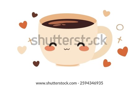  A light beige mug filled with a dark brown liquid, likely coffee or hot chocolate.  The liquid inside the mug appears to be steaming slightly, suggesting it's hot.