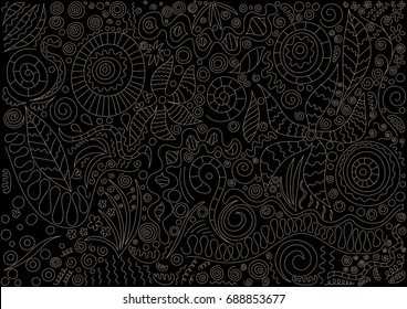 Light beige outline on a black background of patterns