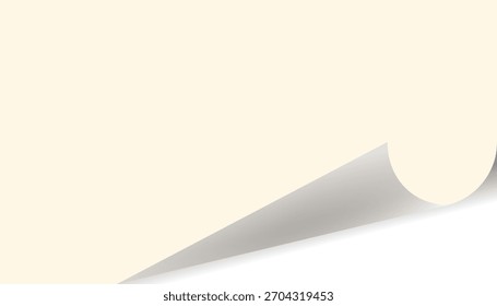 Hellbeiger Papierhintergrund mit einer realistischen, eng gerollten Ecke unten rechts, die die weiße Unterseite und einen weichen Schatten offenbart.
