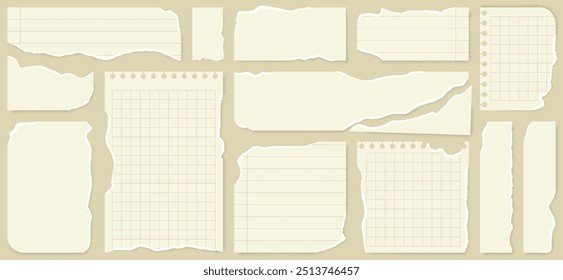 Light beige paper shapes with jagged uneven edges. Torn paper pieces set. Ripped fragments for message label, banner, text box, sticker with overlay shadow effect. Vector