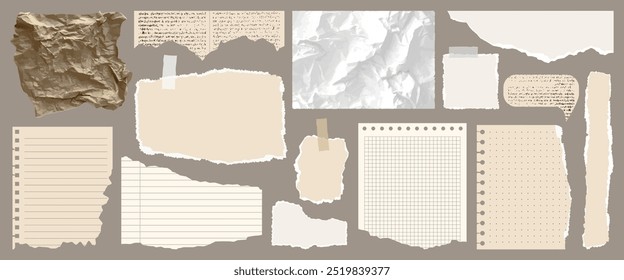 Light beige paper shapes with jagged uneven edges. Torn crumpled paper, shreds of notebook pages, old newspaper. Ripped fragments for message label, banner, collage, text box, sticker, poster