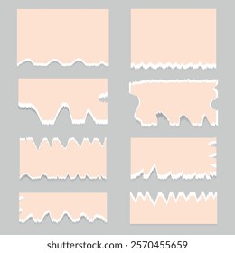 Light beige paper shapes with jagged edges. A set of pieces of torn paper. Torn pieces for label, banner, collage, text box, sticker, poster. Paper sticker vector illustration