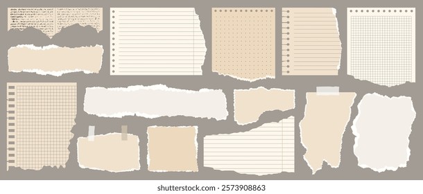 Light beige paper shapes with jagged uneven edges. Torn paper, shreds of notebook pages, old newspaper. Torn paper pieces set. Ripped fragments for message label, banner, collage, text box, stickeк