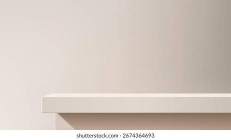 light beige podium stands against a matching wall in a minimal display scene, offering a clean surface for product showcase, branding mockup, or cosmetic presentation in modern design