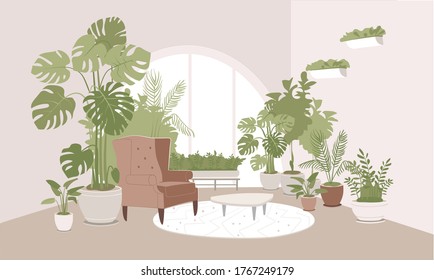 Light beige room decorated with many pot plants on the floor and on walls like mostera, zamioculcas or ZZ plant, dwarf pygmy pate palm, arrowhead plant - syngonium. Indoor jungles home gardening conce