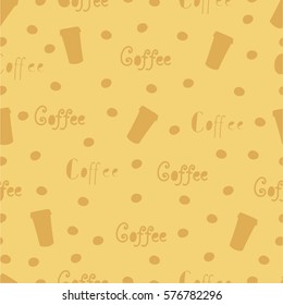 light beige seamless background on a coffee theme with silhouettes of coffee beans, cups, cups, coffee lettering. pattern for wrapping, packaging, Wallpaper