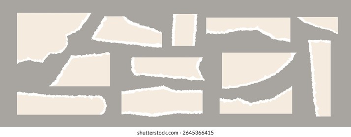 Light beige torn paper pieces set. Ripped paper sheet strips collection. Shapes and elements with jagged uneven edges for collage, text box, banner, sticker, poster. Vector cardboard texture fragments