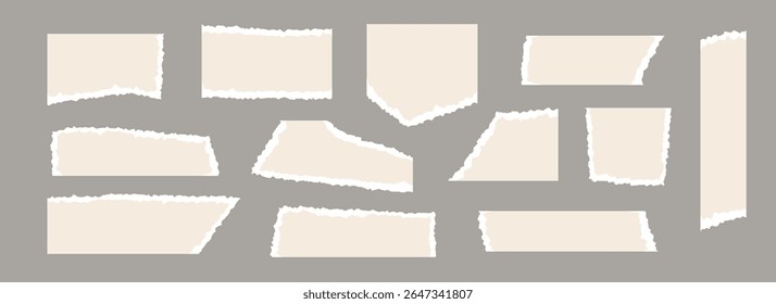 Light beige torn paper pieces set. Ripped paper sheet strips collection. Elements and shapes with jagged uneven edges for sticker, collage, text box, banner, poster. Vector cardboard texture fragments