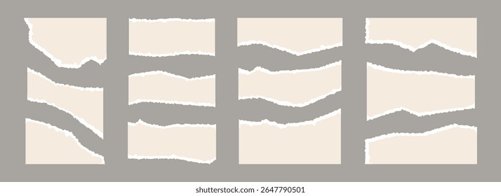 Light beige torn paper pieces set. Ripped paper sheet strips collection. Elements and shapes with uneven jagged edges for sticker, collage, text box, banner, poster. Vector cardboard texture fragments