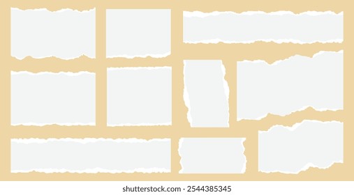Light beige torn paper strip shapes. Ripped paper strip collection with grunge edges. Torn notebook page or scrap note with damaged border. Sticky newspaper clip art. Vector illustration
