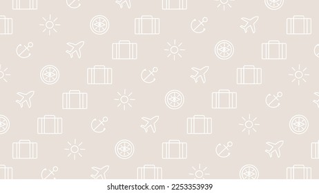 light beige travel background with airplane, suitcase and compass