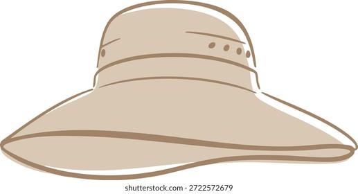 Um chapéu de sol bege claro de borda larga com faixas costuradas e uma borda flexível macia.