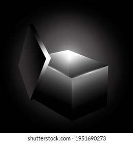 Light from black box in 3d style on black background. Open gift box. Stock image. Vector illustration. EPS 10.