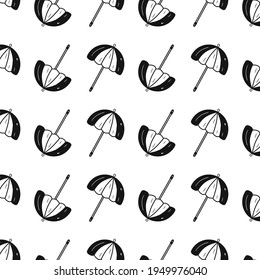 Light black contour umbrella pattern. Idea for decors, ornaments, wallpapers, gifts, damask, paper, covers, templates, celebrations, summer autumn holidays, natural rainy themes. Isolated vector art.