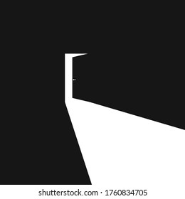 Light black door open in abstract style on dark background. Vector illustration concept in flat