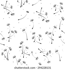 Light black and white seamless pattern with the image of flying dandelion