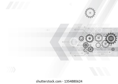 Light black and white vector circuit boards stacked on gear, along with communication concepts on a white background for technology background.