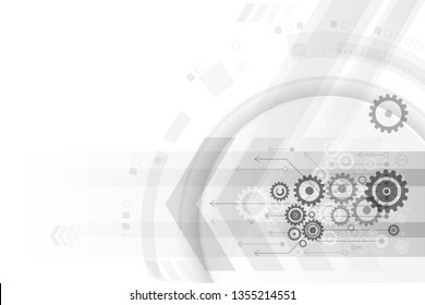 Light black and white vector circuit boards stacked on gear, along with communication concepts on a white background for technology background.