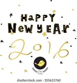 Light black yellow gold happy new year with star bird and wreath