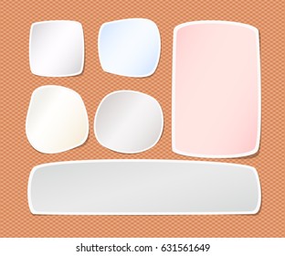 Light blank note, notebook, copybook sheet with rounded corners stuck on squared orange background