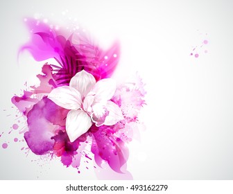 light blooming orchid and palm leaves on the pink abstract background