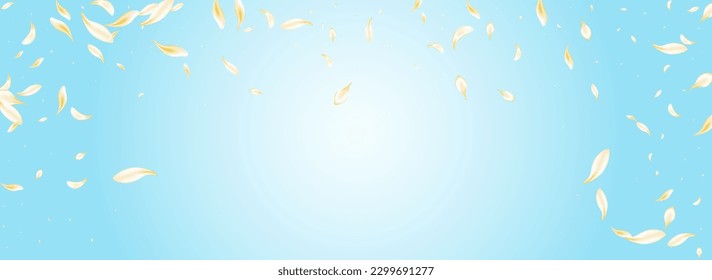 Light Blossom Tender Vector Panoramic Blue Background. White Fall Petal Backdrop. Yellow Flower Summer Illustration. Delicate Peach Fly Wallpaper. Blur Sakura Template.