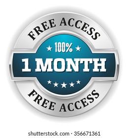 Light blue 1 month free access badge with silver border on white background