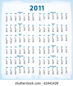 Light blue 2011 printable calendar. English text. Vector background.