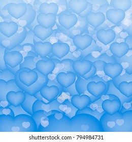 Light blue 3d background with hearts in clouds sky. Valentine's day greeting card bachdrop. Romantic vector illustration. Easy to edit design template for your artworks.