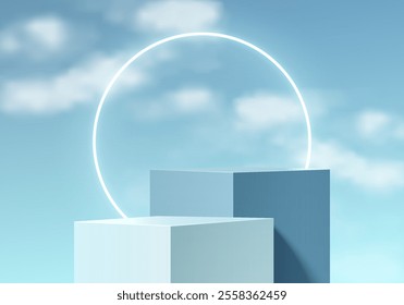 Light blue 3D cubes podium background with neon ring. Blue sky studio wall scene. 3D Minimalist mockup pedestal. Abstract stand product display presentation. Stage for showcase. Vector platform design