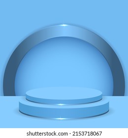 Light blue 3d realistic podium in blue background with metallic blue arch. Three-dimensional stage pedestal or platform. Abstract round display scene for product advertising. 3d vector illustration.