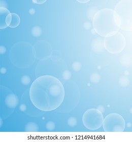 Light blue abstract background with a bokeh in the form of circles. Underwater world with air bubbles. Vector illustration