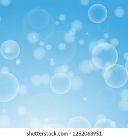 Light blue abstract background with a bokeh in the form of circles. Underwater world with air bubbles. Vector illustration