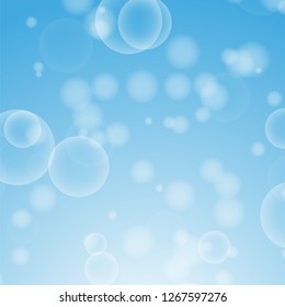 Light blue abstract background with a bokeh in the form of circles. Underwater world with air bubbles. Vector illustration