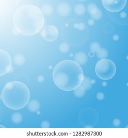 Light blue abstract background with a bokeh in the form of circles. Underwater world with air bubbles. Vector illustration