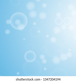 Light blue abstract background with a bokeh in the form of circles. Underwater world with air bubbles. Vector illustration