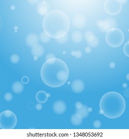 Light blue abstract background with a bokeh in the form of circles. Underwater world with air bubbles. Vector illustration