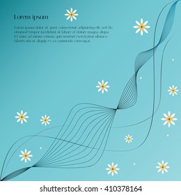 Light blue abstract background with flowers daisies and dark smooth lines. Vector background for placing of your text