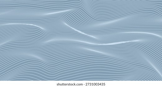 Hellblauer abstrakter Hintergrund mit weißen wellenförmigen topographischen Linien. Minimalistisches Vektormuster von fließenden Konturen und Flüssigkeitsbewegungen. Professionelle Design-Textur für moderne Web-Banner, technische Dokumente, Corporate Identity Backdrops und minimalistische digitale Kunst. Clean Aesthetic Line Art.