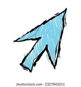 Light blue abstract black outlined computer cursor click arrow pointer with messy and cracked style vector icon isolated on square white background. Simple flat cartoon technology sign.