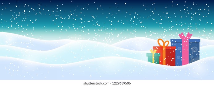 Light blue abstract Christmas background with white sparkling snowflakes. Winter holiday illustration,  landscape with presents, space for text. Template for decoration, greeting cards, invitations.