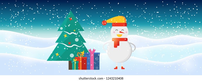 Light blue abstract Christmas background with white sparkling snowflakes and snowman. Winter holiday illustration,  landscape  presents Template for decoration, greeting cards, invitations.