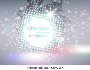 Light Blue Abstract Christmas background with white snowflakes. Floral ornament with leafs and flowers. Free place for text.