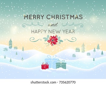 Light blue abstract Christmas background with white sparkling snowflakes. Winter holiday illustration of  landscape with presents, space for text. Template for decoration, greeting cards, invitations.