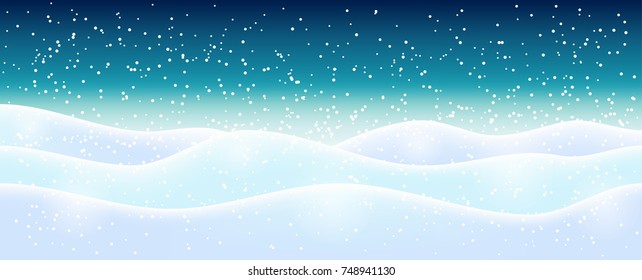 Light blue abstract Christmas background with white sparkling snowflakes. Winter holiday illustration,  landscape with presents, space for text. Template for decoration, greeting cards, invitations.